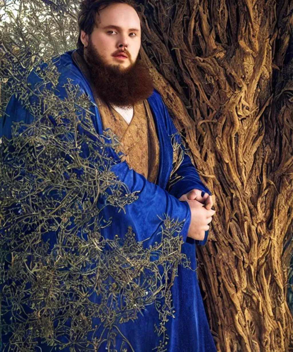 Prompt: Beautiful, cute samwell tarly in lapis lazuli armored robes, touching a glowing crimson tree, intricate bushy beard,  full-length portrait, luminous, iridescent, intricately textured, enigmatic, exotic, bronze, magestic beard, glowing runes, dark fantasy, highly detailed, art station, hyperrealism, digital art, masterpiece, 8k, dynamic lighting, dramatic, photo-realistic, Rutkowski, Gaston bussiere, craig mullins, j. c. leyendecker, filipe pagliuso, Waterhouse, justin gerard, artgerm, cgsociety