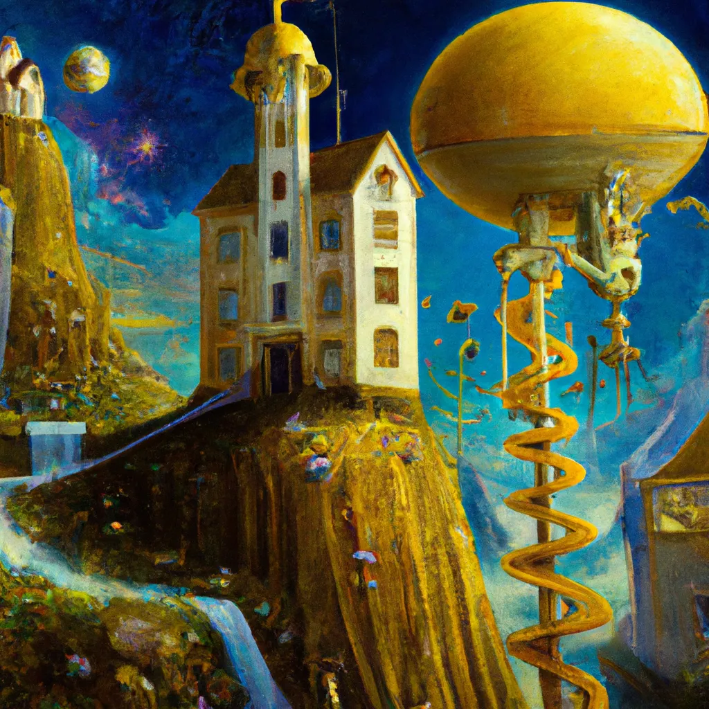 Prompt: An expressive surrealism oil painting of a art nouveau lemon house on the edge of a hill with a lemonade waterfall, in space with constellations and moon light. Steampunk style. 
 By Tim Burton, Anna Dittmann and Elsa Beskow.