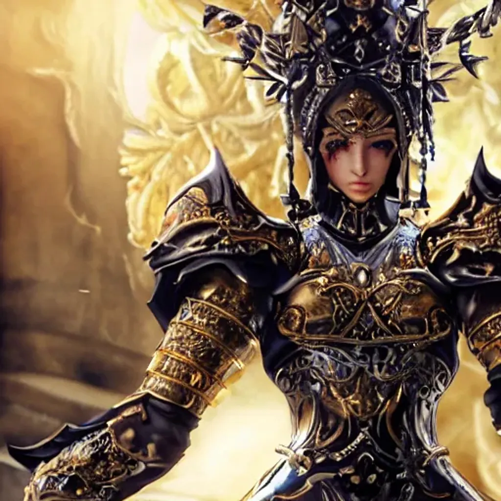 Prompt: masterpiece,best quality,CG,wallpaper,HDR,high quality,high-definition,extremely detailed, perfect fingers, beautiful hands, ((detailed black and gold armor:1.4), (swords pointing towards character:1.4), hair ornament, cross earrings, finger rings, (armor pants:1.1), (thick thighs:1.2), face ornaments, extremely detailed pupils, (mad facial expression:1.3), hair needle, (black hair, white hair highlights), burned eyes, (slicked back hair:1.3)), (imperial throne chair, sitting cross legged:1.3), white nail polish.