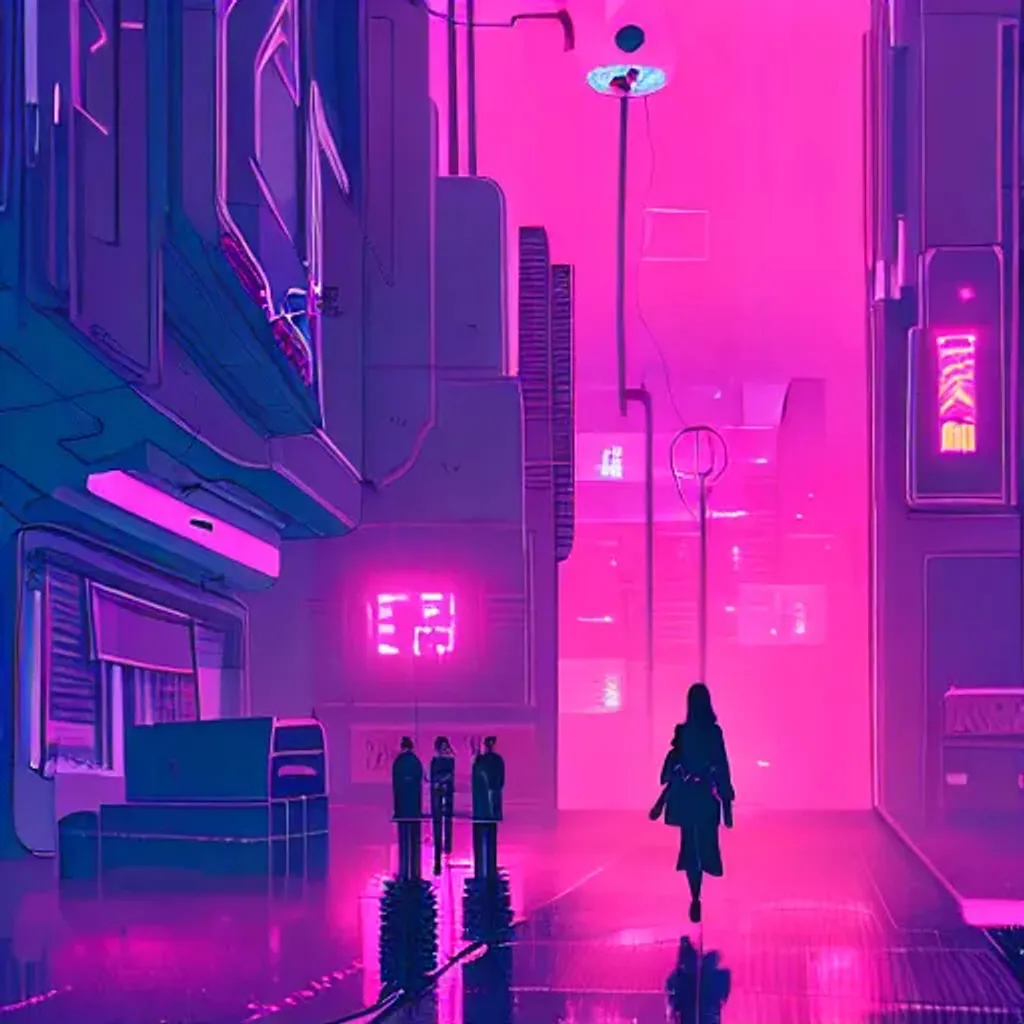 Prompt: Abstract cyberpunk city, pink style, at night, rainy, teenage girl walking on street, streetlamp, 8k, trending on artstation