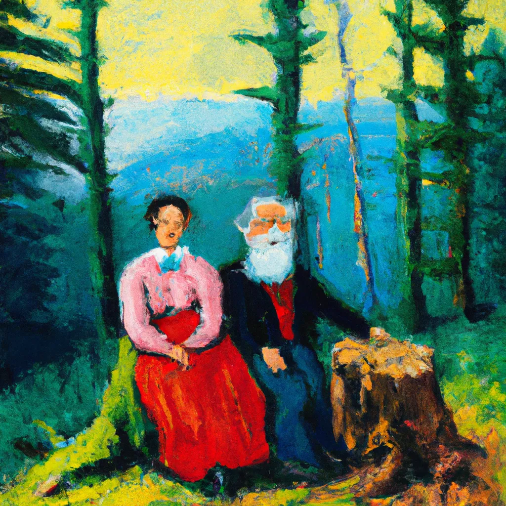 Prompt: An old married couple sitting on tree stumps in the forest, fauvism, Wiliam-August Bouguereau, Gustave Corbet, Bob Ross, Thrift store style