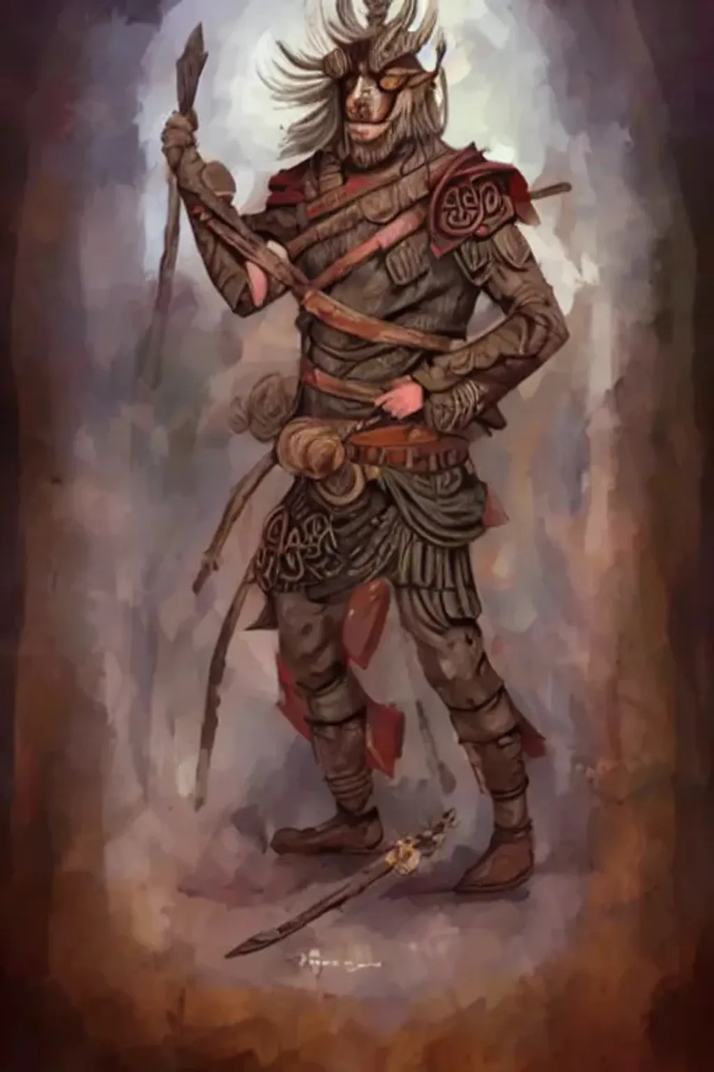 Prompt: Full Body Art of a masked earthen warrior of the rocks holding a spear in the style of norse fantasy by Dave Melvin
