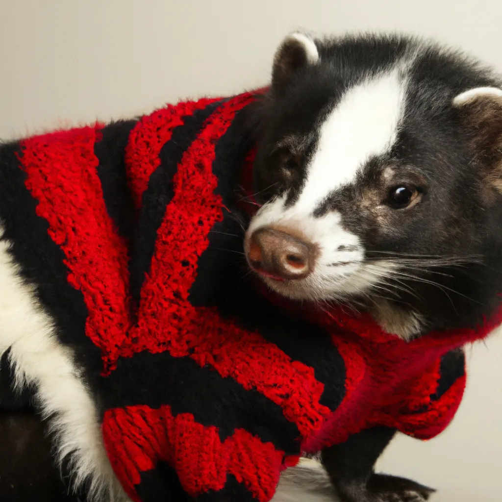 Prompt: photograph of a spotted skunk wearing a sweater