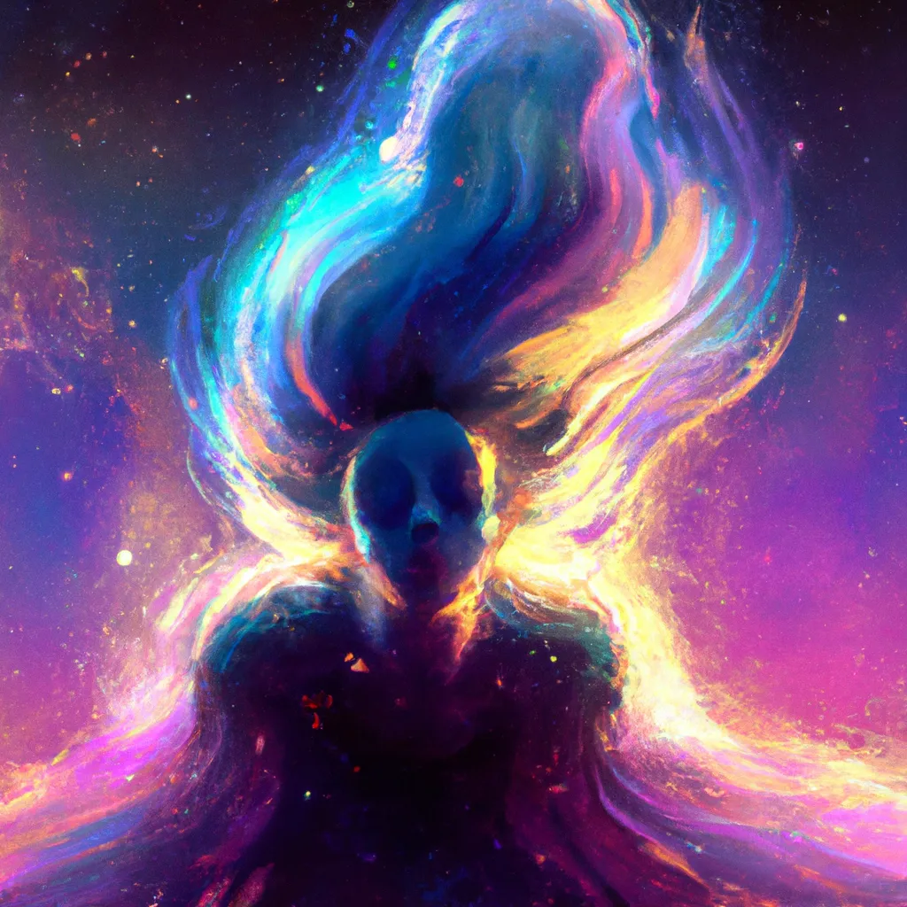 Prompt: Space Nomad, Starry Cloak, Nebula Hair In Endless Void, Astral Currents, Cosmic Waves | 8K, Hdr, Fantasy, Techno-Pop, Dn, soft color palette, Karol Bak 