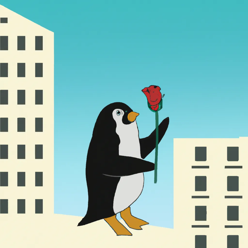 Prompt: a penguin holding a red rose with a top of a building  