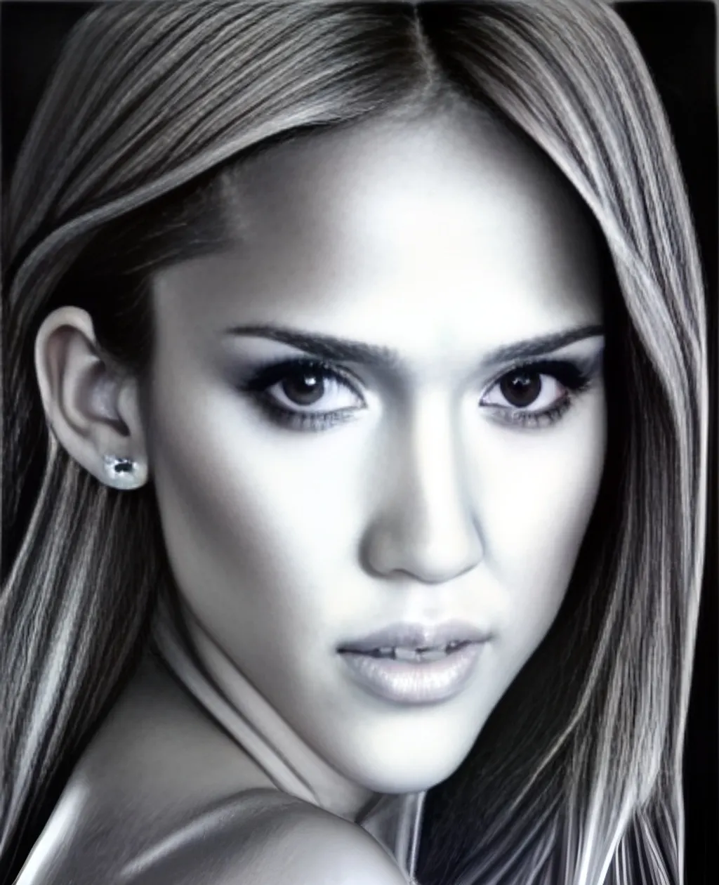 Prompt: pencil full body portrait of Jessica Alba, standing character, detailed gorgeous face, elegant, sensual pose, muscular body, illustration, fantasy, pencil drawing, highly detailed, hyperrealism, soft lightning, by Victoria Francés, by Anne Stokes, by Julie Bell, by Ken Kelly