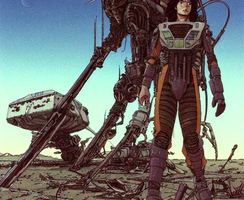 Prompt: Man with long dark brown hair holding weapon wearing battlesuit in alien dessert standing next to destroyed alien craft, by Makoto Kobayashi, by Moebius, by Jean Giraud, manga, anime style, 80's, Intricate, Hand drawn, concept art, grainy color, dim lighting, Anime Key Visual, beautiful composition