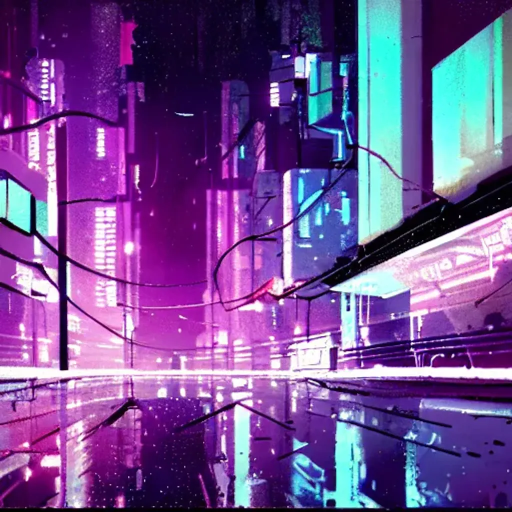 Prompt: Abstract cyberpunk city, purple style, at night, rainy, streetlamp, 8k, trending on artstation