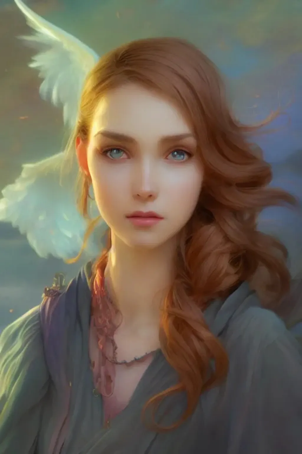 Prompt: angel, soft hair landscape fantasy, intricate, elegant, highly detailed, digital painting, artstation, concept art, smooth, sharp focus, illustration, art by artgerm and greg rutkowski and alphonse mucha and Boris vallejo