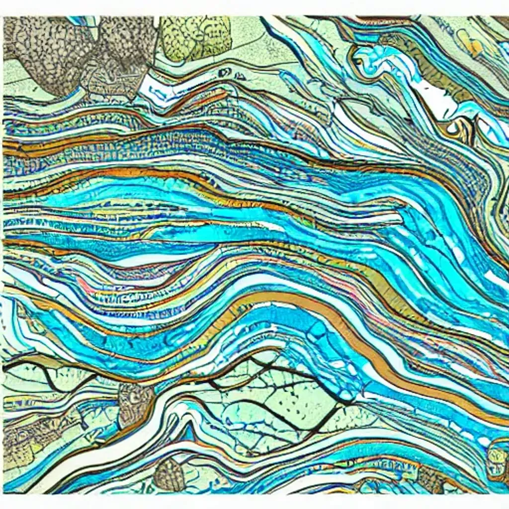 Prompt: Map of rivers and streams, Illustrated and abstract, muted with pops of colour, linework, old looking