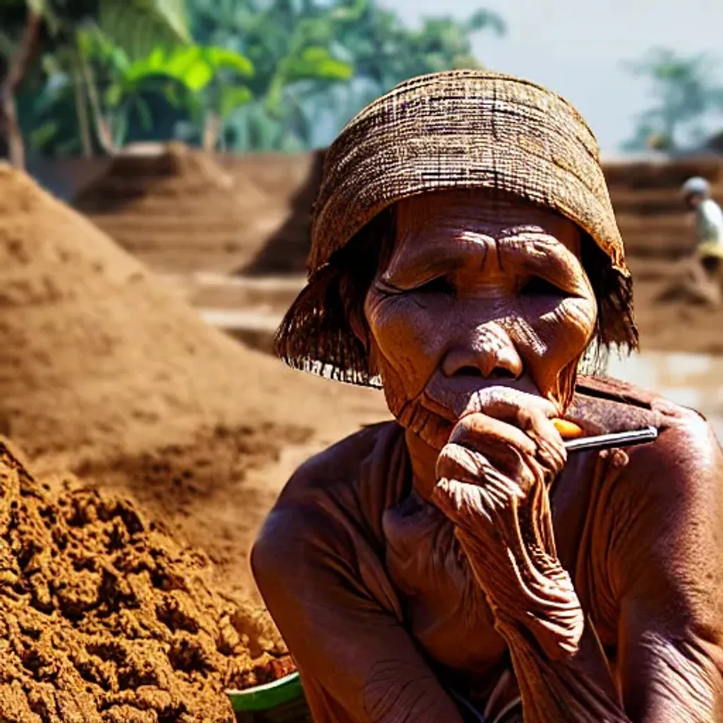 Prompt: An old Javanese woman smoking while digging on an illegal sand mining in Central Java, realistic photo, unreal engine, meticulous.
