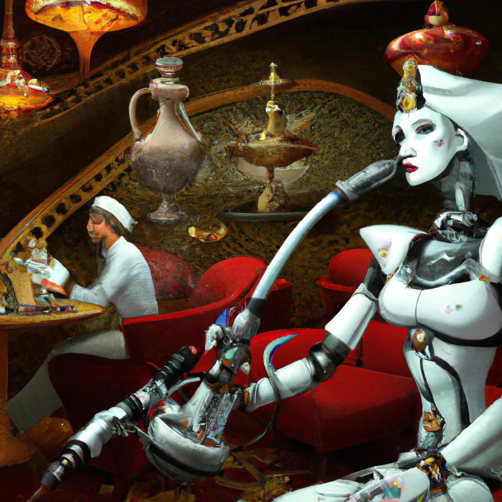 Prompt: A robot is serving Dali and Escher and Klarwein smoking hookah at a cool hookah bar in L.A. | by Artgerm artstation 