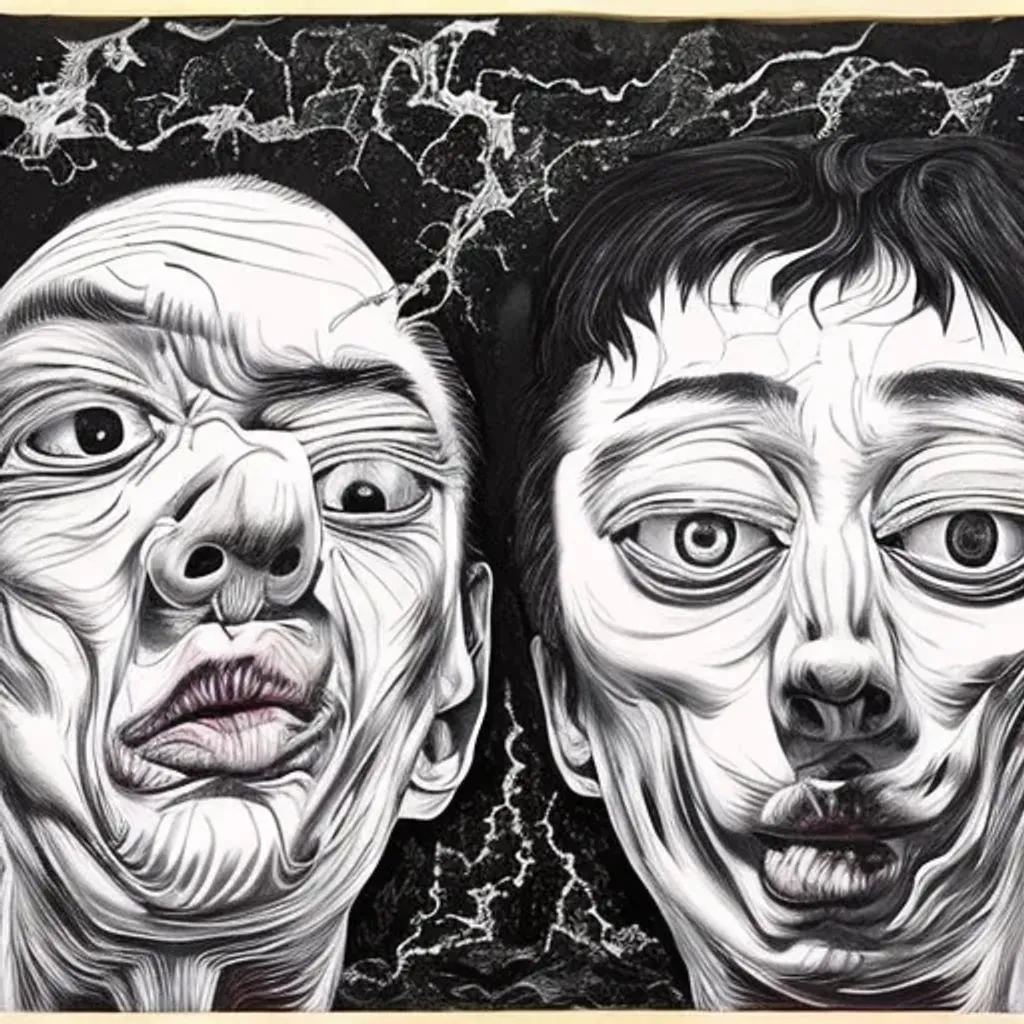 Prompt: A painting of two faces melted with a wall made of flesh, hopelessness, black and white, highly detailed, by Junji Ito