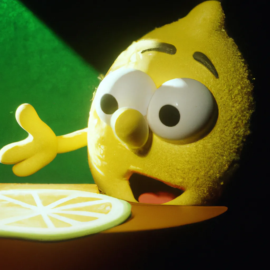 Prompt: film still of a cute lemon, from sesame street