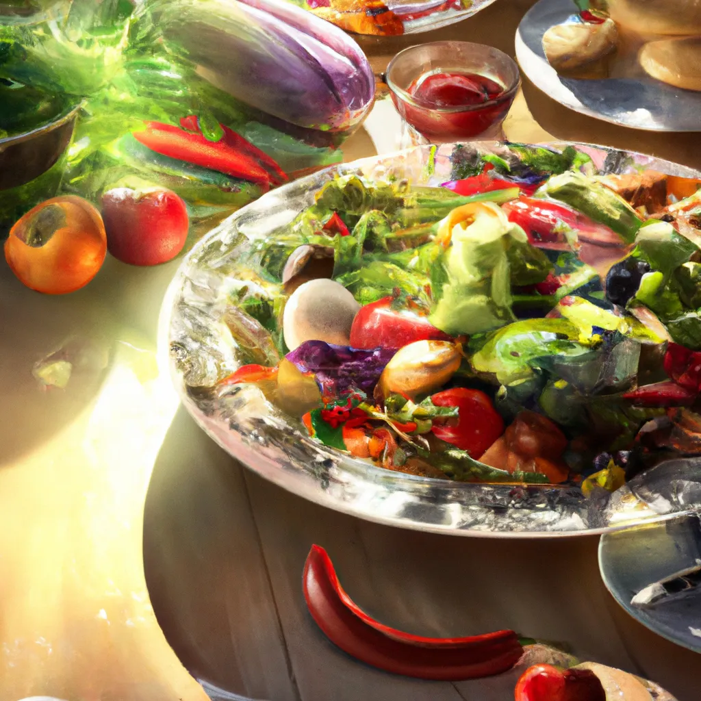 Prompt: Detailed intricate hyper realistic ultra realistic sharp clear digital airbrush by Anna Dittmann, Tom Bagshaw, Gil Elvgren. Poster of a funky delicate plate of food at a table. Impressive surrealism art nouveau. Commercial cooking photography from an advertisement paper. Cinematic lighting. Sunlight. Loads of Vegetables.