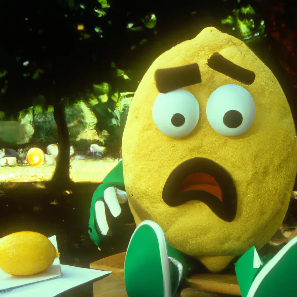 Prompt: film still of a cute lemon character, from sesame street