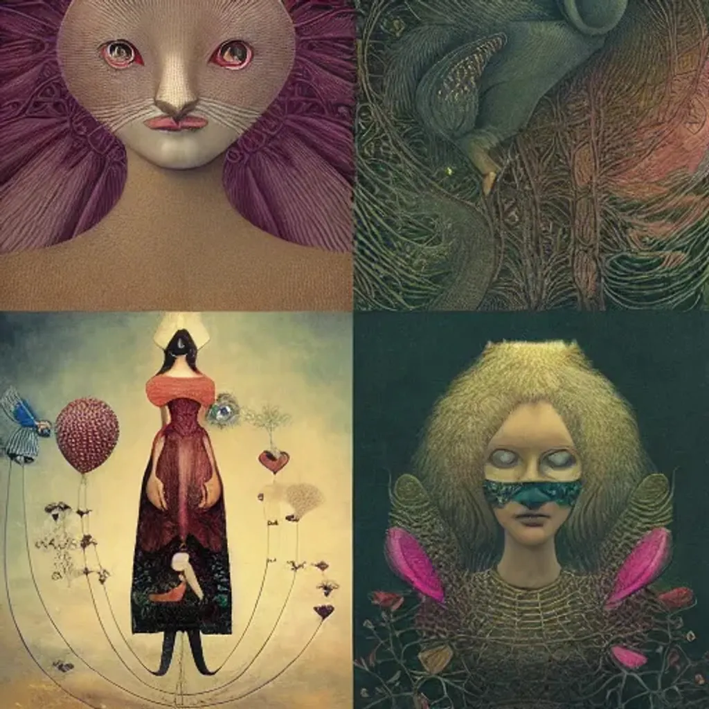 Prompt: Peruvian arpillera Oxana dobrovolska victo ngai henry rousseau Vladimir kush peregrine heathcoate catrin welz-stein Andrea kurti Andrea kowch 