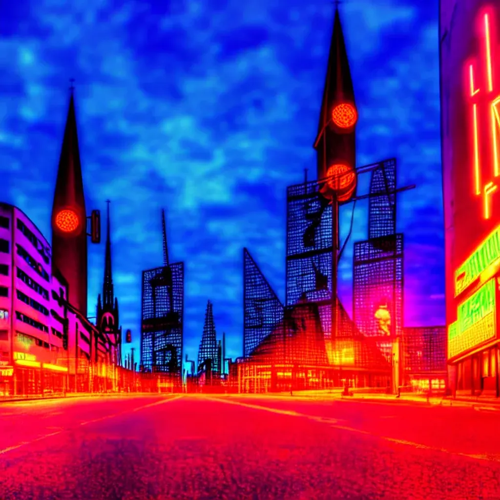 Prompt: Cyberpunk, city plaza, neon signs, neon lights, giant flatscreens with graphics, German architecture, German gothic church, German timber frame buildings, cobblestone streets, broad light, wide angle, over the shoulder point of view, futuristic German city, bloom lighting effect, highly detailed, picturesque, romantic, vivid colors, European city