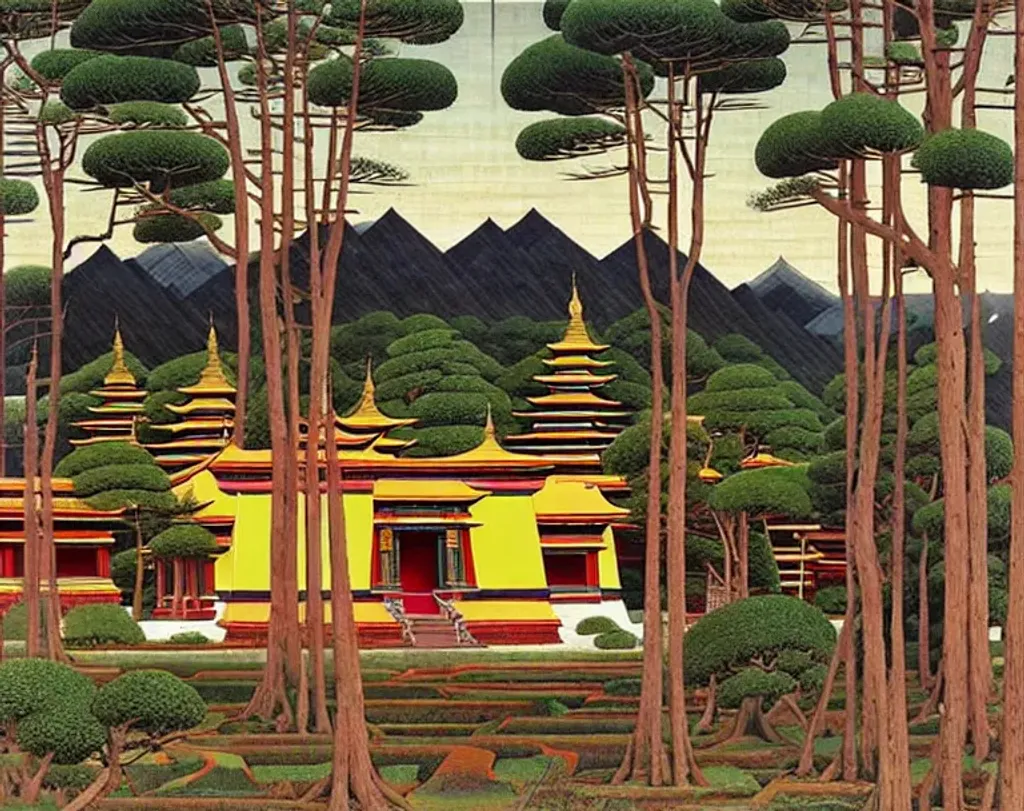 Prompt: the composition is covered with ultra-frequent smallest looping lines. Hyper detailed like a woodblock print - tibetan temple in a grove, hummocks, bushes, mountains by vittore carpaccio, mongolian painting, kanō school painting, Abstract brush strokes, Masterpiece, octane render, 8k. extremely finest surface texture. gigapixels. soft diffused light. quantum tracing. interlaced. textured.