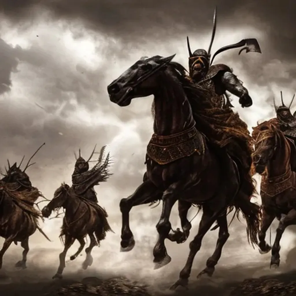 The biblical four horsemen of the apocalypse, riding... | OpenArt