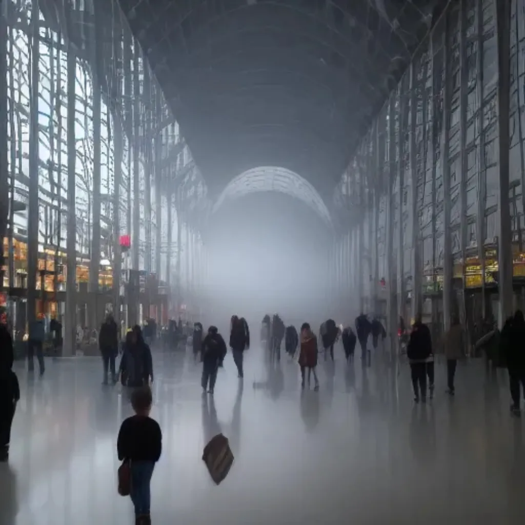 Prompt: liminal space mall with people in the fog