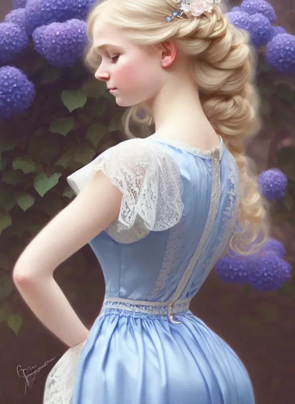 Prompt: portrait of a beautiful Scandinavian girl, cute little nose, whispy blonde curls, sparkling blue eyes, coy, flirty,  satin dress with fine lace, hydrangeas, highly detailed, realistic, digital painting, artstation, smooth, sharp focus, artgerm, greg rutkowski, alphonse mucha, cgi