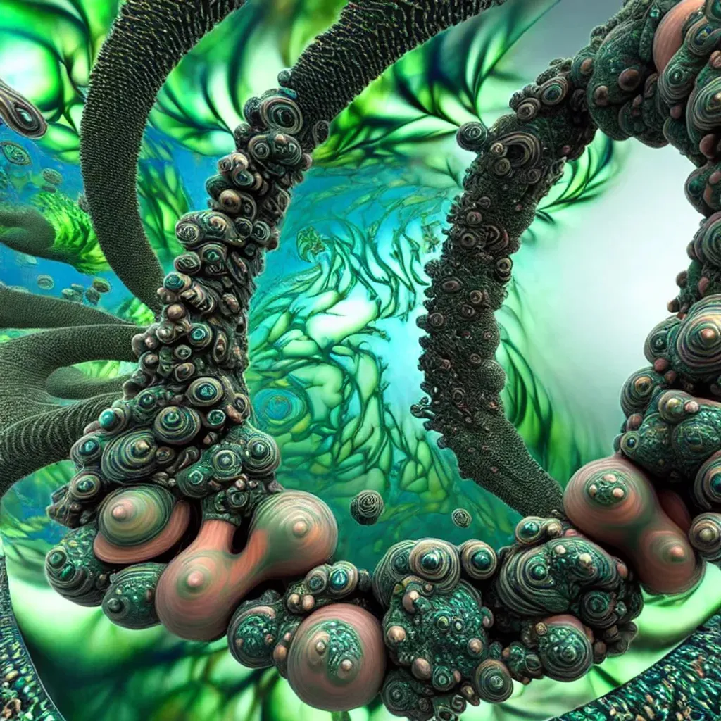Prompt: high resolution, underwater 3D Closeup of a ((humanoid)) procedural biological construct,  mandelbulb-influence, swimming in translucent biological gel, high refraction,  coral cream slate fulvous green asphalt black , by Cynthia Turner, EDMOND ALEXANDER, Audra Geras (background theme) swirling Micro bubbles, von karmann vortices, fractal textures, mirrored reflections, by (Noah Bradley, Ernst Haeckel), medical illustration, airbrush on paper, hyperreal, global illumination, volumetric lighting, occlusion, subsurface scattering, wide angle, polaroid filter, Houdini 128K UHD octane render, fBm, fractal, pi