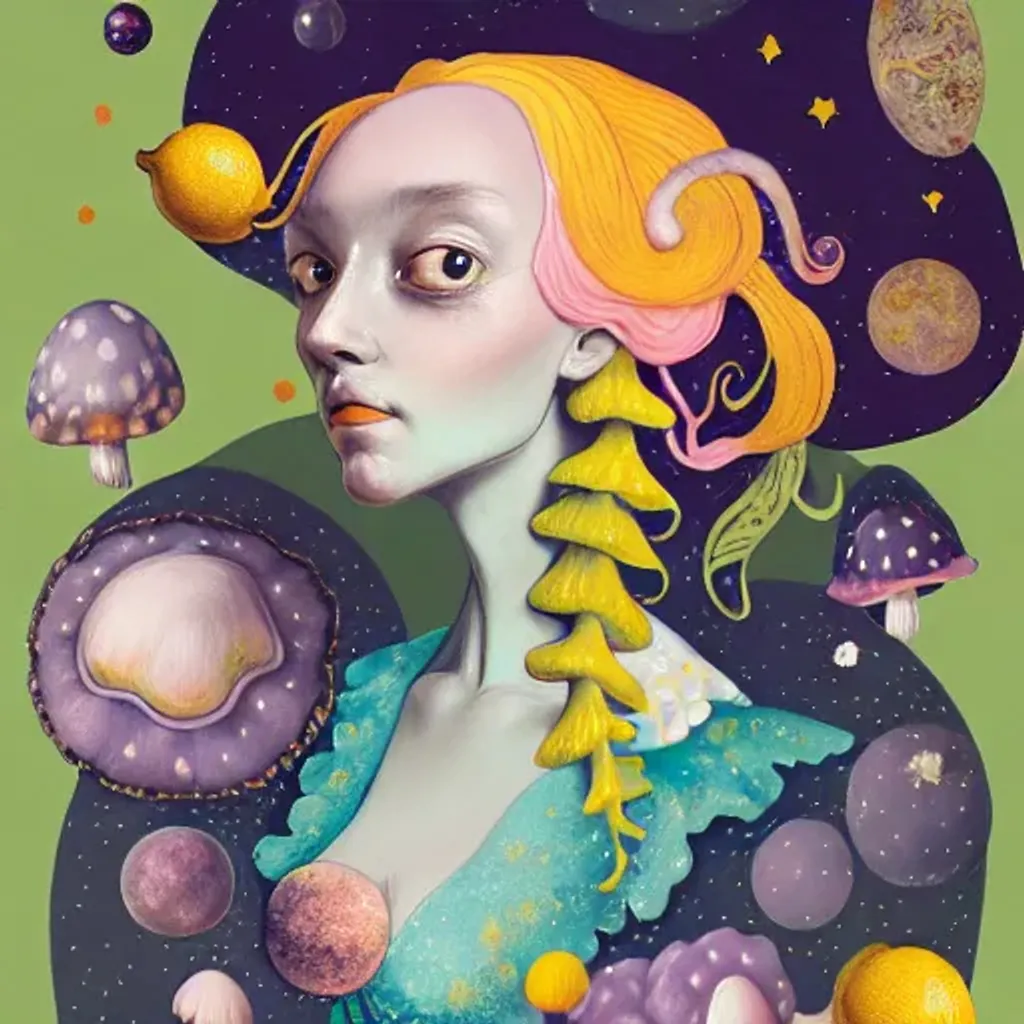 Prompt: Rococo Pastel character portrait, witch, lemons, close portrait, mushrooms, stars, planets, hq, fungi, celestial, moon, galaxy, stars, victo ngai, Ryan Hewett 