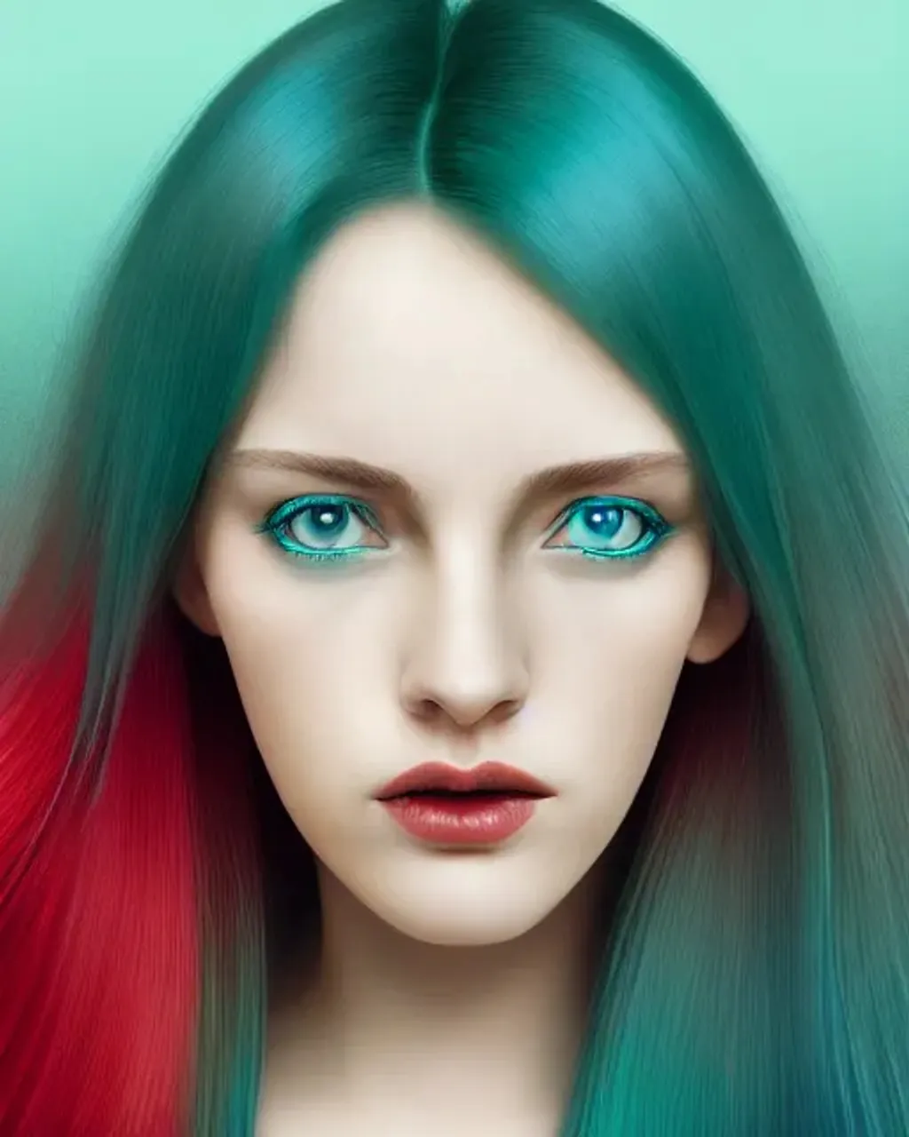 Prompt: portrait, beautiful woman with red-colored eyes, teal hair, clothed, facial symmetry, perfect eyes, centered, gradient background, perfect composition, hyperrealistic, photorealism, super detailed, 32k, high quality, trending on artstation, sharp focus, studio lighting, intricate details, hyperdetailed photography by dino tomic,