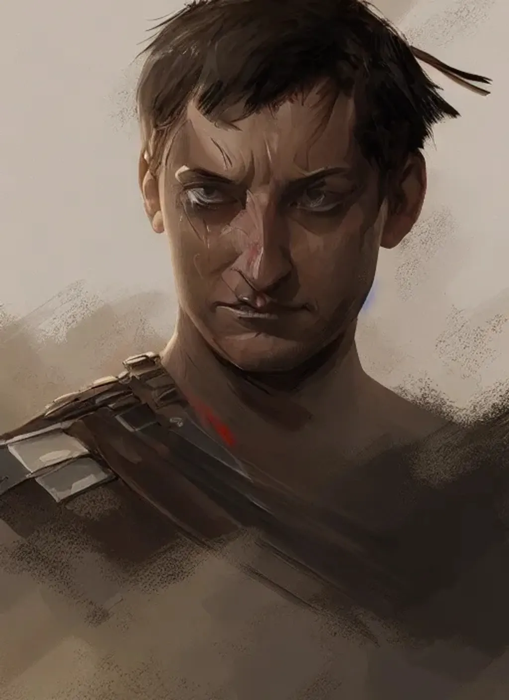 Prompt: A digital painting of a warrior Greg Rutkowski, Tobey Maguire