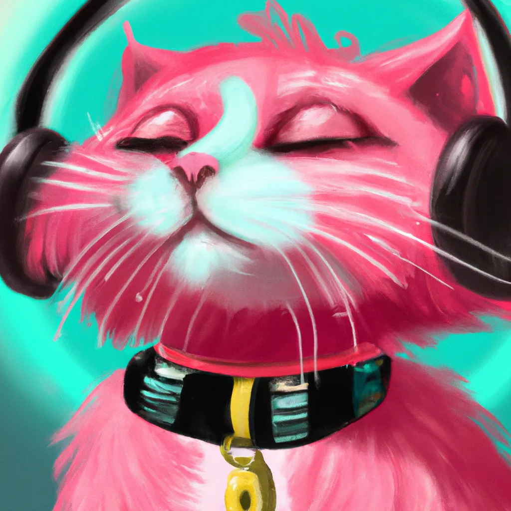 Prompt: cute pink cat with headphones, chunky cat collar with a big bell, long pink pretty hair, well composed, detailed, art

