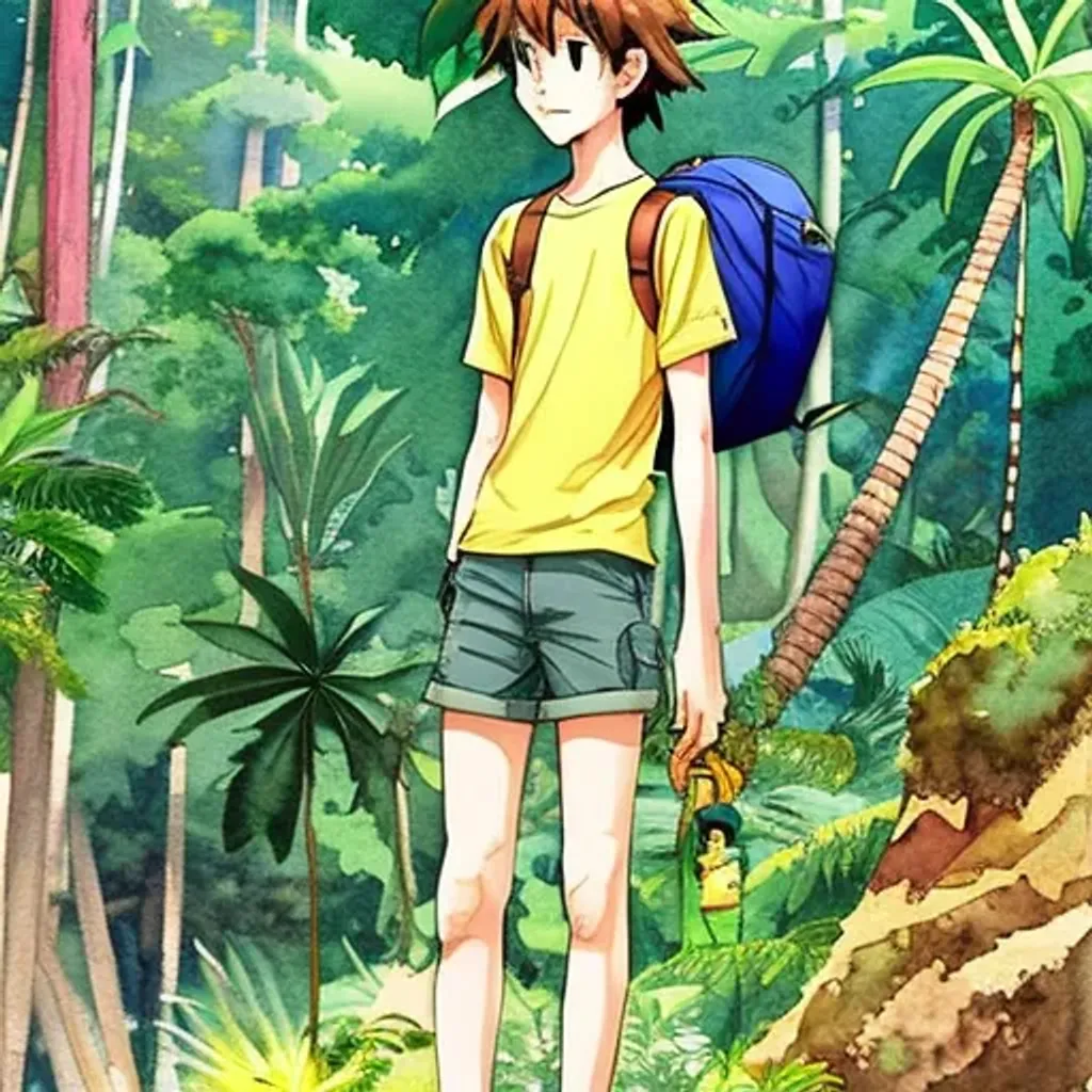 Prompt: {cute 16yo boy} (full body) {at tropical forest}, { watercolor comic} by {yule, ghibli studio}, {fine pen lines and details , muted color}, {hdr, hq, soft lighting, detailed face, High detailed, super quality, octane render}