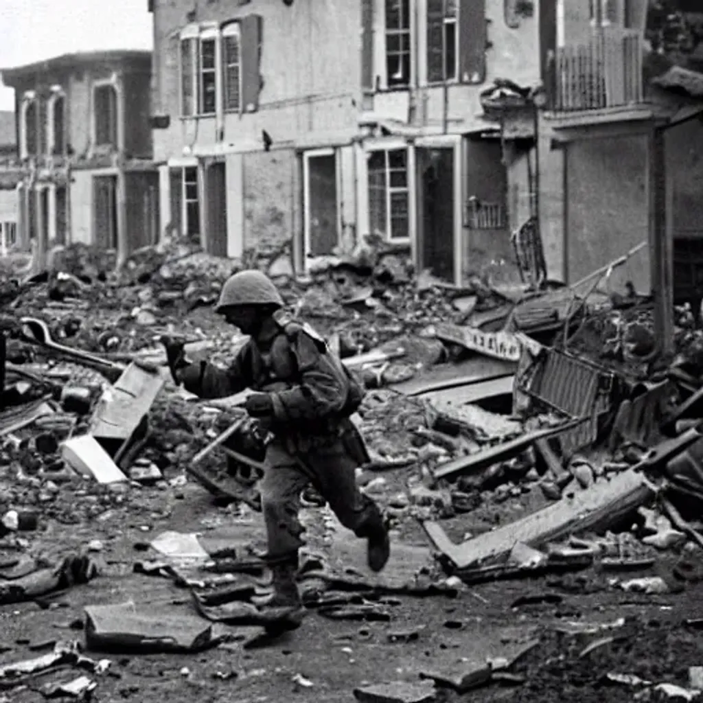 Prompt: A solider moving through a destroyed street