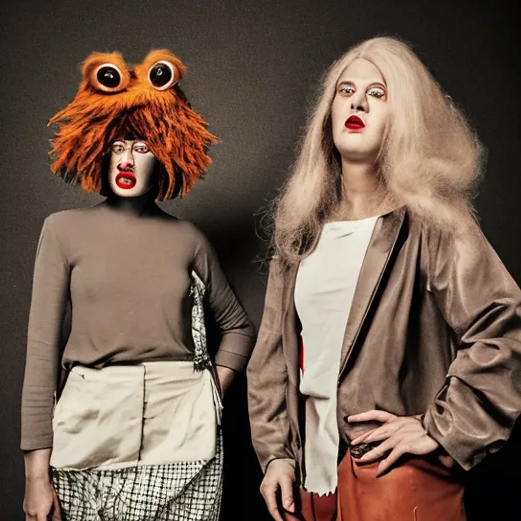 Prompt: two monsters👩🏼‍🦱🎭🤖👩🏼‍🦱👀 70's fashion. dark background portrait photo high detailed