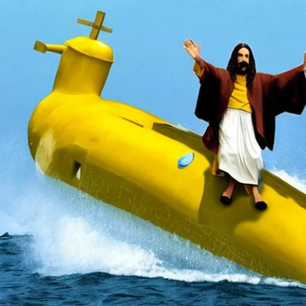 Prompt: Jesus riding a yellow submarine