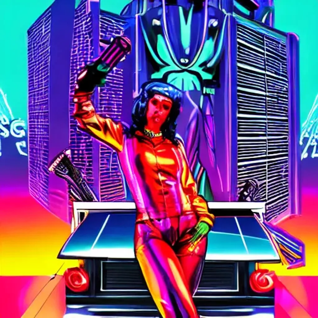 Prompt: synthwave cyberpunk reggae DJ wearing latex biker catsuit holding a gold microphone sitting on a stack of speakers in the back of a blue 1967 hummer, in a neon city in the style of a comic book sunset city:1.0