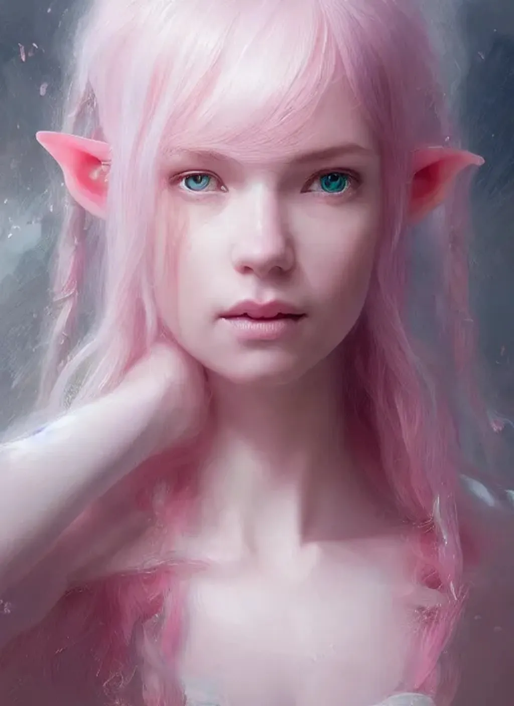 Prompt: Portrait of elf  with white-pink intricate hair and with cute face,  perfect composition, hyperrealistic, super detailed, 8k, high quality, trending art, trending on artstation, sharp focus, studio photo, intricate details, highly detailed, by greg rutkowski