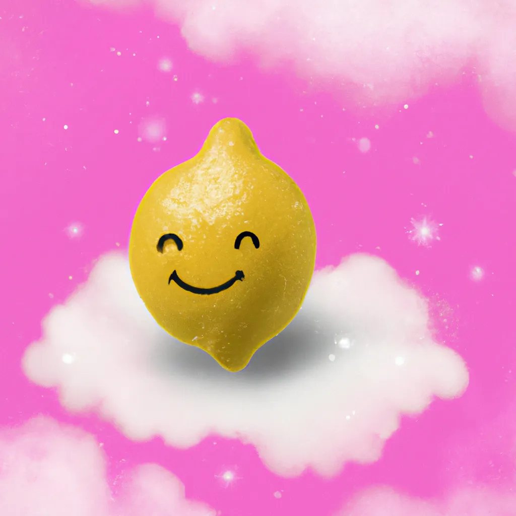 Prompt: A cute lemon smiling sat on bubbly pink clouds high resolution