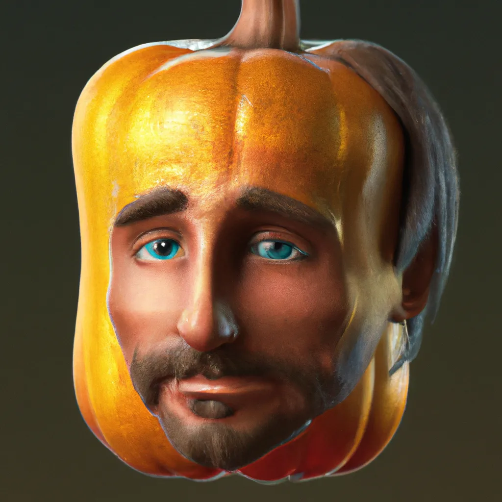 Prompt: a pumpkin with a man's face painted on it, a character portrait by Victor Nizovtsev, trending on zbrush central, realism, sketchfab, zbrush, detailed painting