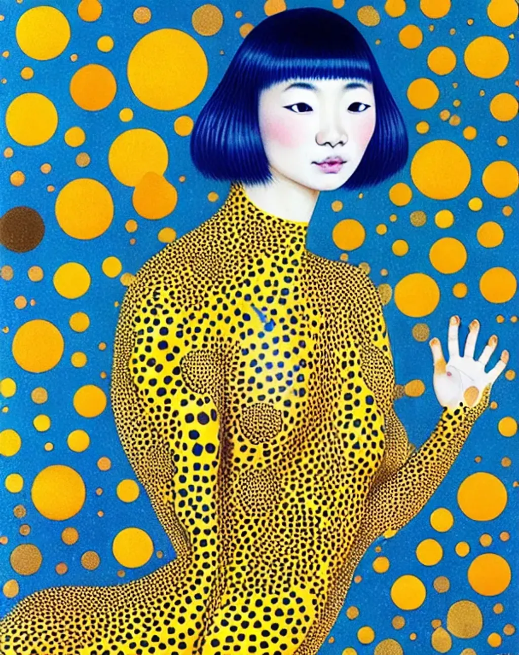 Prompt: (( woman-cat shapeshifter)) indigo cream mustard pine amber silver photorealistic eyes by Yayoi Kusama, Alan Lee, beautiful face, two beautiful hands, two beautiful arms, impeccable skin details, very healthy, galaxy hair, glowing translucent fractal ((flowers)) by ((Sybilla de Merian, John Berkey)) background theme (murmuration of particles) made of shining translucent crystal, high index of refraction, bioluminescent (fractal spray of droplets) by ((Howard David Johnson)) airbrush, acrylic on paper, smokey sky, fBm clouds, sunlight and shadows,  cinematic, ultra realistic, sense of high spirits, global illumination, volumetric fog,  volumetric lighting, occlusion, Poser 128K UHD fractal, pi, fBm