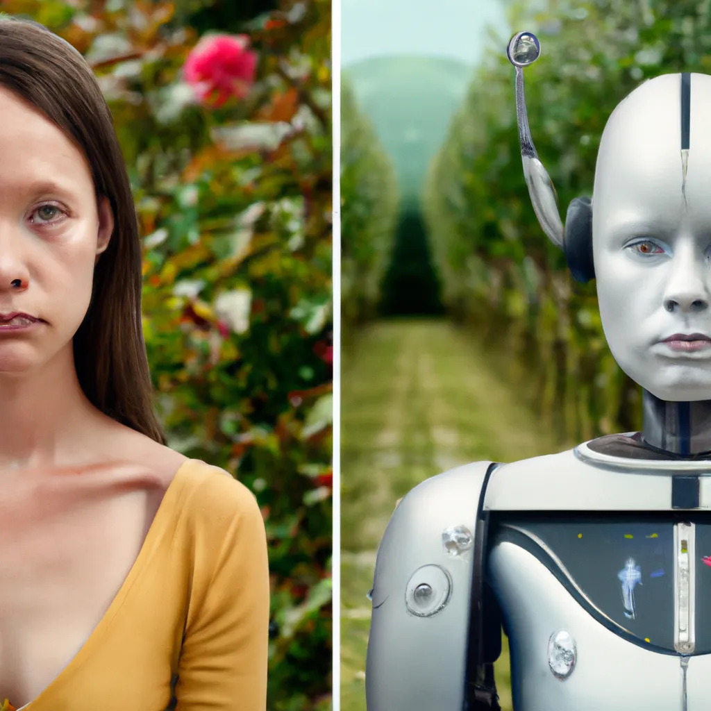 Prompt: concept art, photo realistic, dramatic poses of AI robots vs a normal human, like good vs Evil, gorgeous symmetric faces, fine-arts photography, award-winning photo, by Martin Schoeller 8k high definition dramatic poses bokeh futuristic cities and permaculture garden