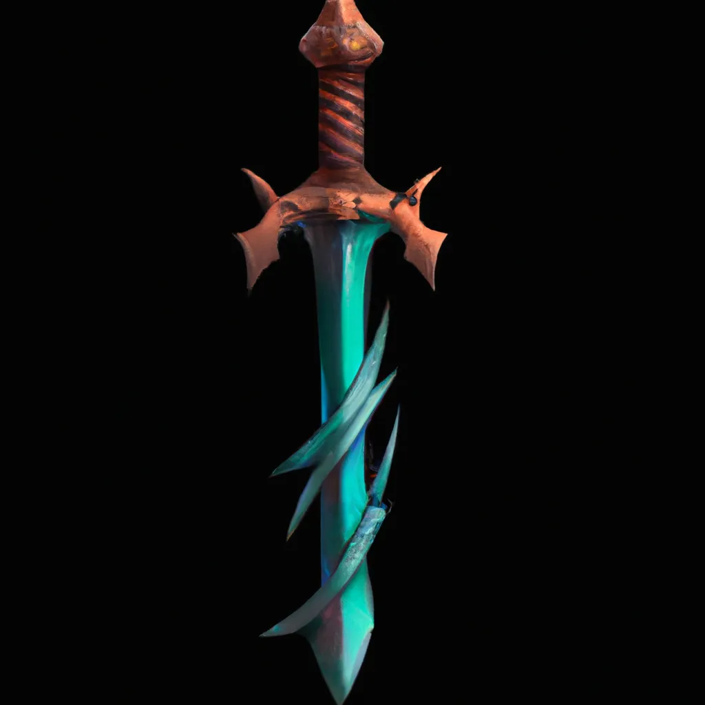 Prompt: high-quality digital painting of sword, for a fantasy MMO video game item, 2d, trending on ArtStation, black background 
