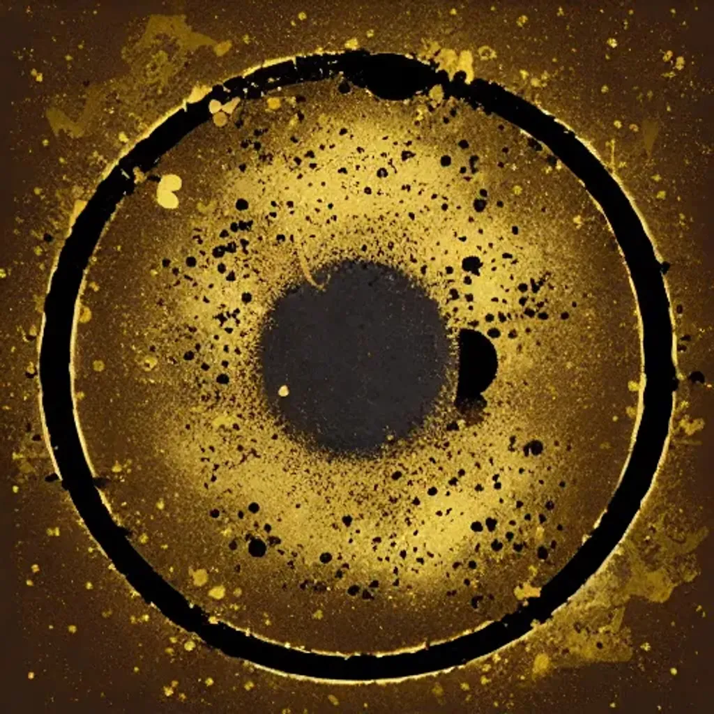 Prompt: a black circle with gold paint splatters on a white background, by Esaias Boursse, shutterstock, black cloak hidden in shadows, (((((((no glow))))))), gold rings, eternal eclipse, charcoal skin, rich decaying bleeding colors, black line art, omega, anti-aliased, google images search result