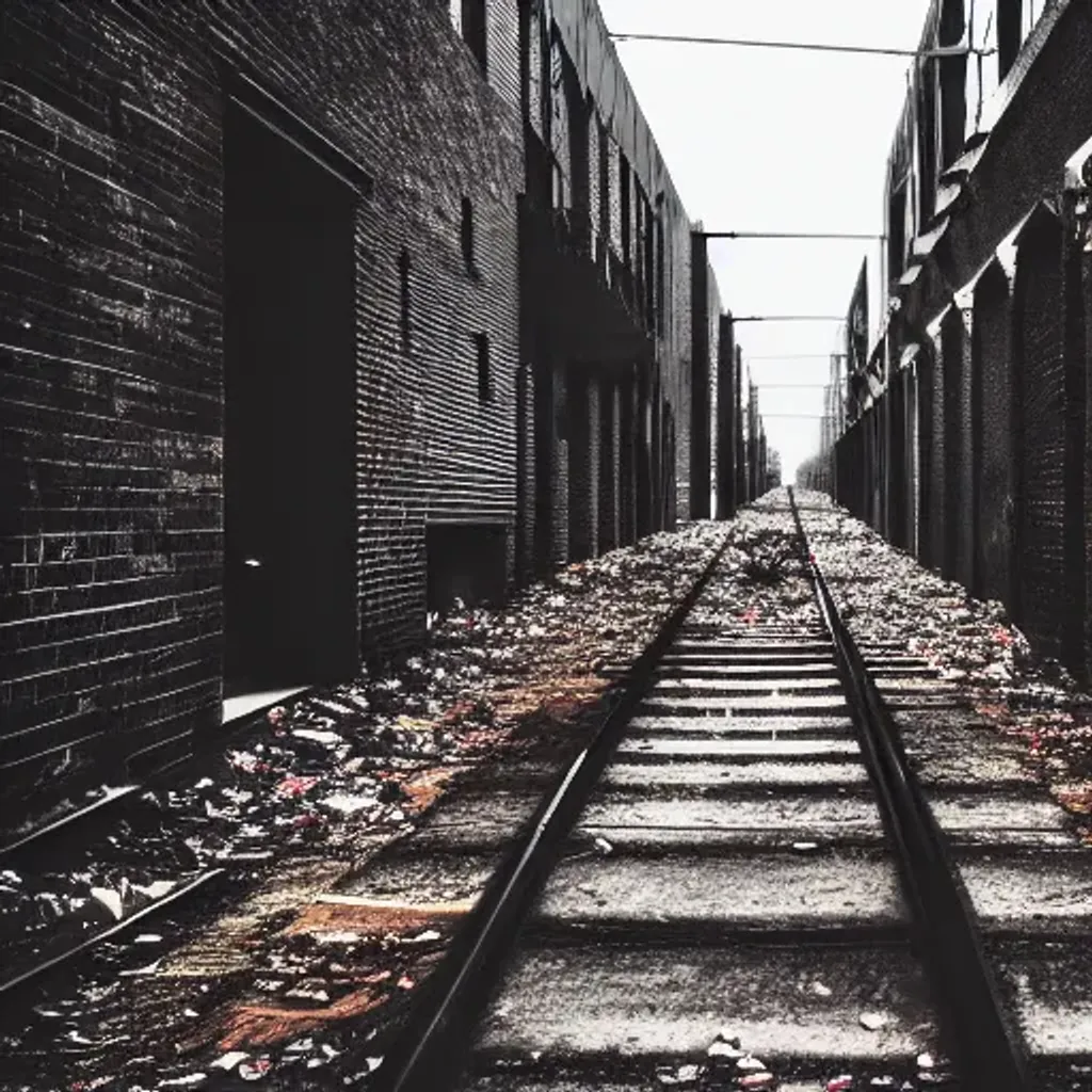 Prompt: abandoned railway in city alley, concrete ground with garbage, brick buildings, low light