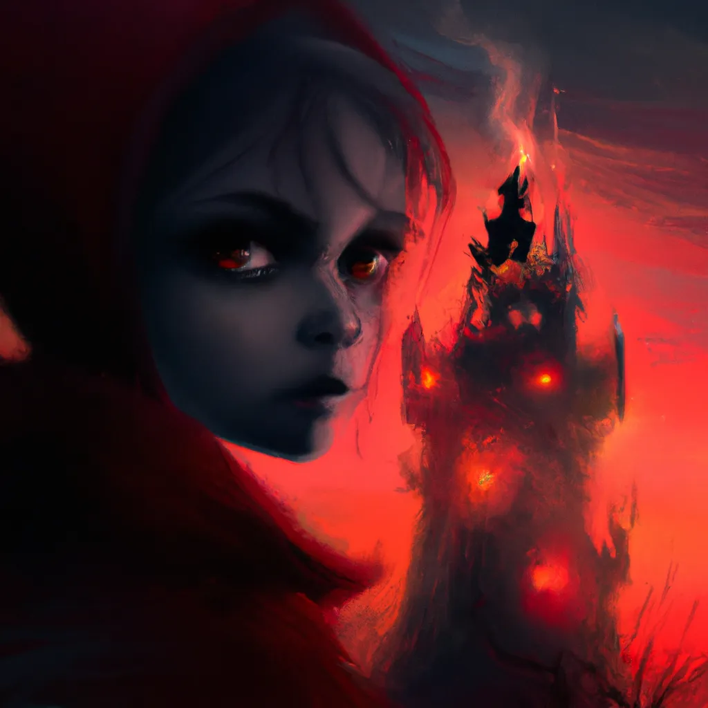 Prompt: Face of a Lady in red glowing cape with a black cat is standing on top of a tower and searching for a ghost child in a spooky, foggy atmosphere. Scary. Haunted. Bokeh. Concept art. Highly detailed, expressive surrealistic oilpainting, colorful, digital art, digital airbrush, 8K. By Tim Burton, Anna Dittmann and Tom Bagshaw