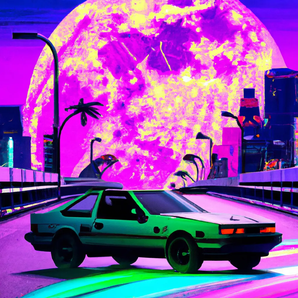 Prompt: a hypnotic view of neo-japan, japanese building, highway, streetlights, colorful spiral galaxy in the sky, vaporwave, outrun, seapunk and synthwave, futuristic 80s sports car, lush palm trees, hiroshi nagai clouds, giant moon in the background, intricate, insane level of detail, hyper-detailed, cinematic, inspiring composition, nostalgia and abstract, photograph, grand theft auto vice city gameplay screenshot, hotline miami gameplay screenshot, out run gameplay screenshot, need for speed underground gameplay screenshot, tokyo drift, hong kong, the capital of japan