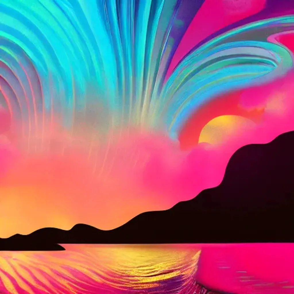 Prompt: Hypnotic illustration of a tropical ocean sunset, hypnotic, psychedelic art, pop surrealism, dark glow neon paint, mystical, Behance, 4k, 8k, UHD, professional, studio lighting, unreal engine, vivid colors, bokeh, vibrant