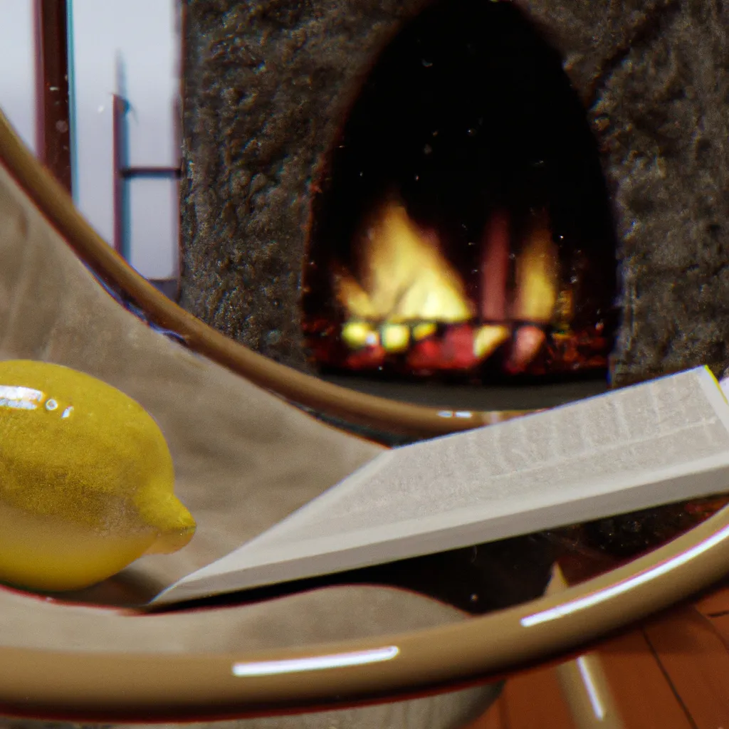 Prompt: realistic lemon resting in its rocking chair near the fireplace during a rainy day reading a book, 3d render