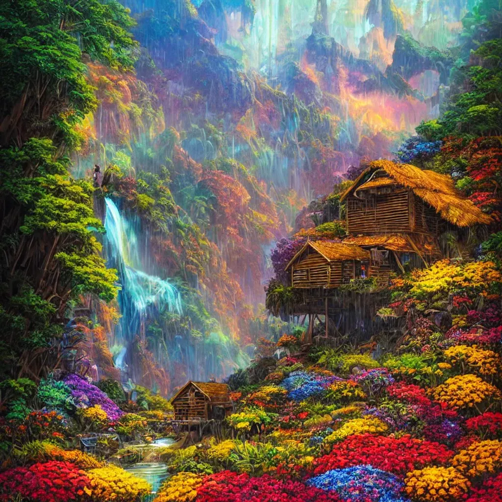 Prompt: A waterfall with colorful flowers, and a sinister hut on middle, centered, symmetry, painted, intricate, volumetric lighting, beautiful, rich deep colors masterpiece, sharp focus, ultra detailed, in the style of dan mumford and marc simonetti, astrophotography