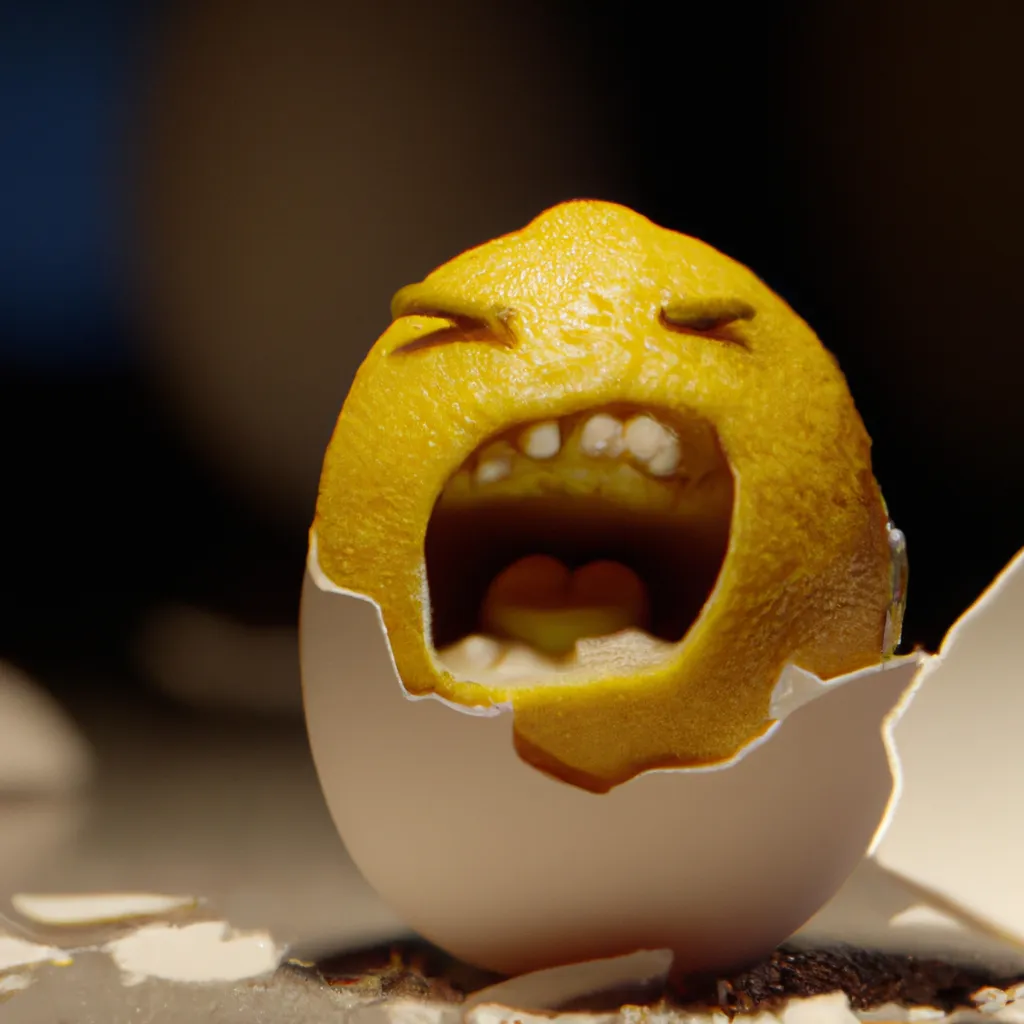 Prompt: close-up of a yellow lemon with a face screaming and angled teeth being hatched from a cracked open egg shell, egg shell cap on top of the lemon, cinematic, octane render,  ray tracing art